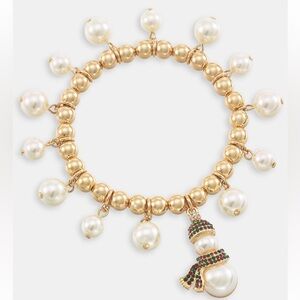 Gold-Tone Snowman and Imitation Pearl Beaded Stretch Bracelet